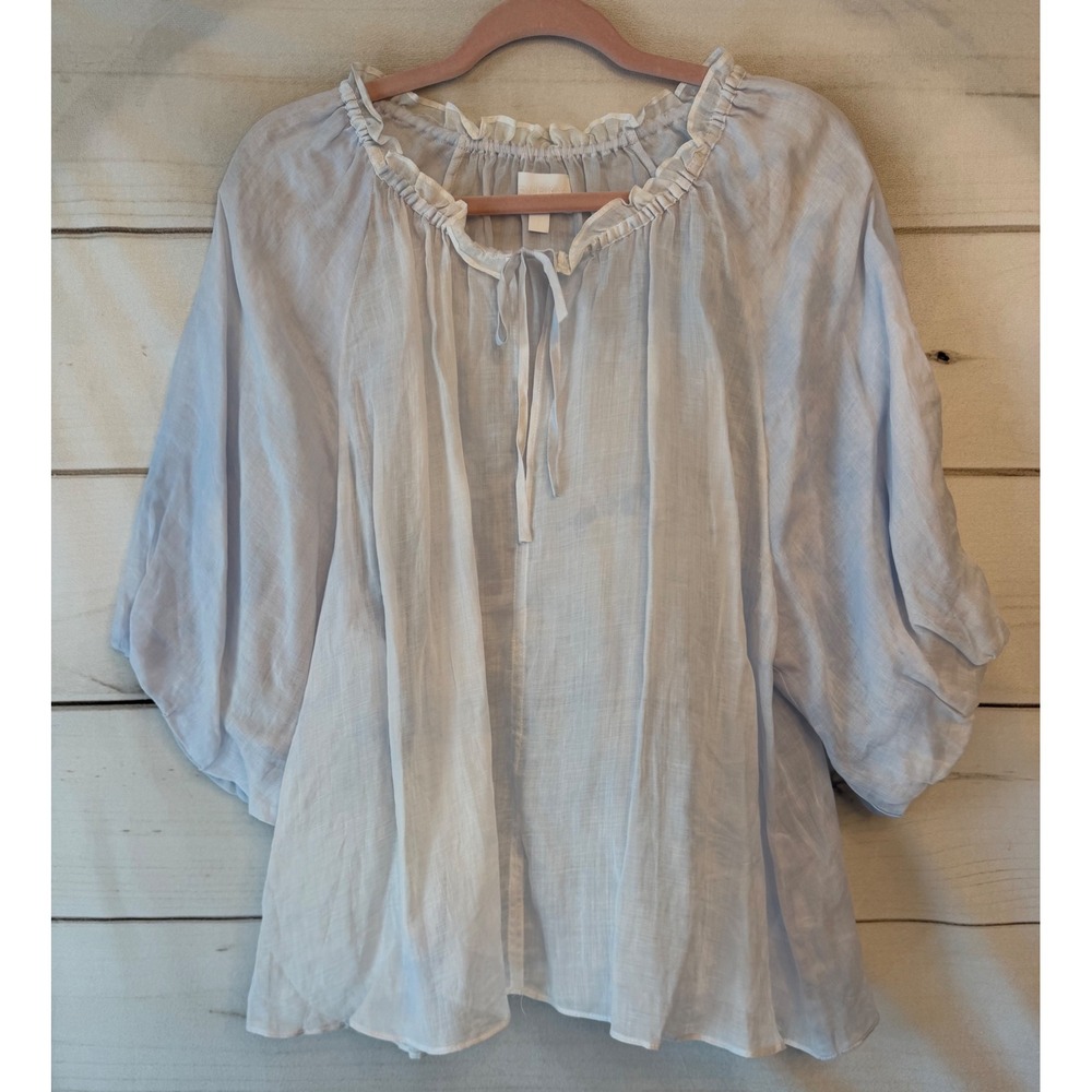 Every Light Blue 100% Ramie Ruffle Neck Balloon Sleeve Peasant Blouse Large